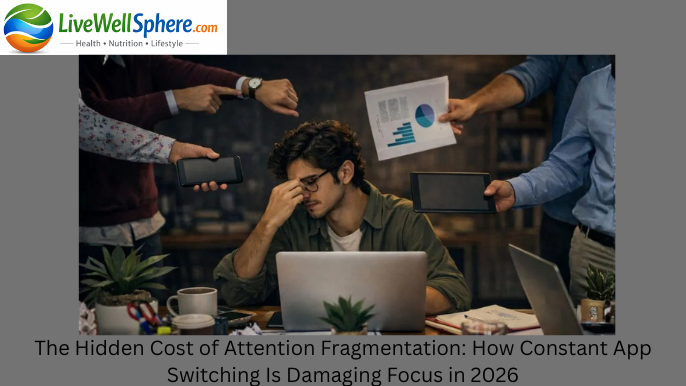 Person overwhelmed by multiple smartphone notifications demonstrating attention fragmentation in 2026
