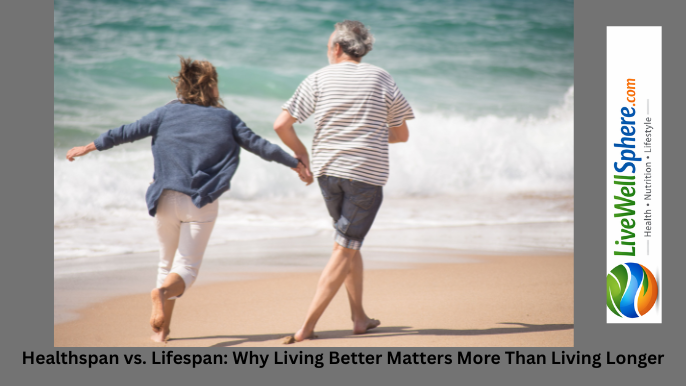 A vibrant older adult couple hiking or walking outdoors, contrasted with an image of active seniors exercising or gardening. This visually reinforces the article's core message that longevity is about maintaining health and independence, not just adding years. thus Healthspan vs Lifespan.