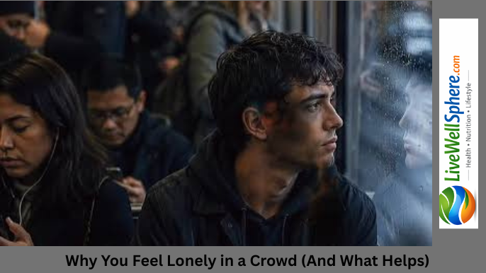 person sitting alone in a crowded room, feeling lonely