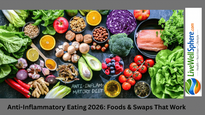 Colorful anti-inflammatory eating including salmon, berries, leafy greens, walnuts, and olive oil arranged on a wooden table