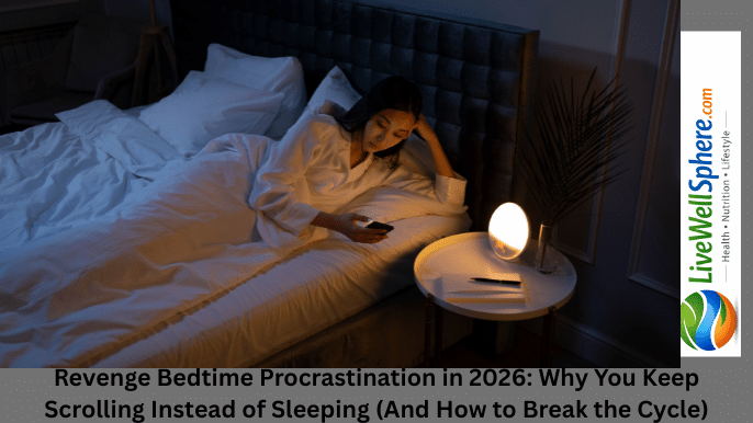 Person scrolling on phone in bed late at night — revenge bedtime procrastination