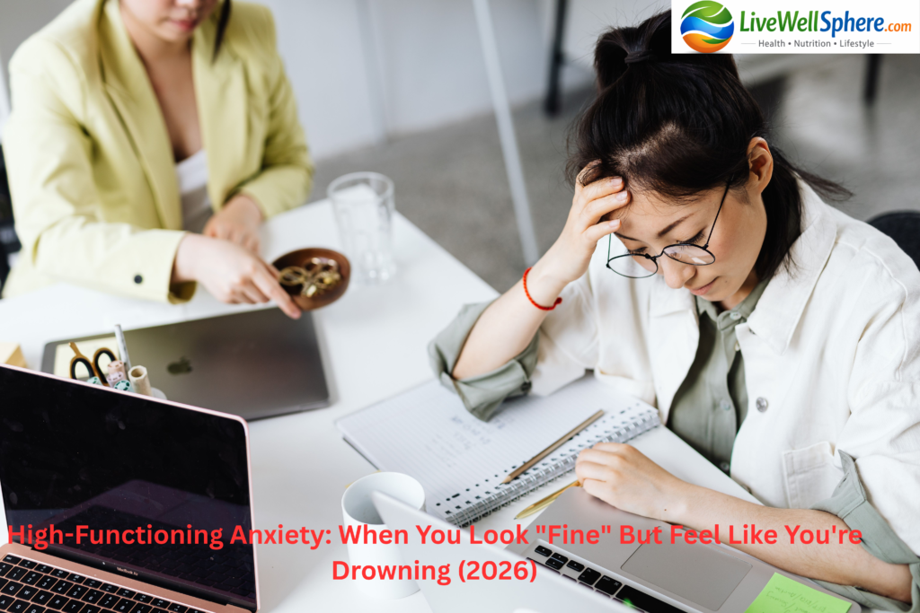 person smiling at work while secretly feeling anxious, high-functioning anxiety concept