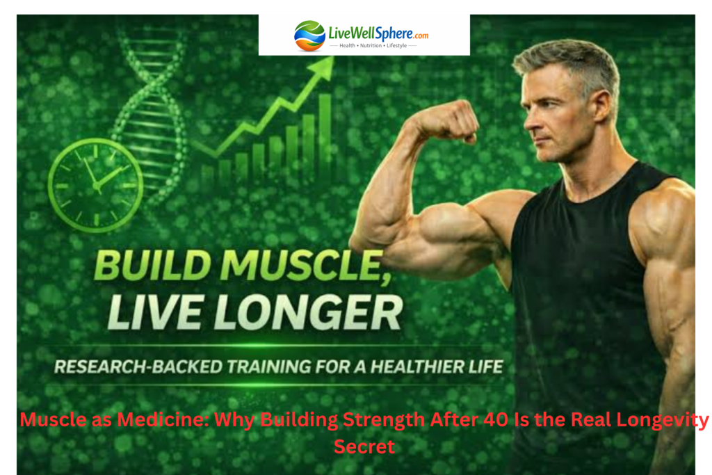 Older adult performing a strength training exercise with resistance bands, representing muscle-building habits linked to longevity and healthy aging