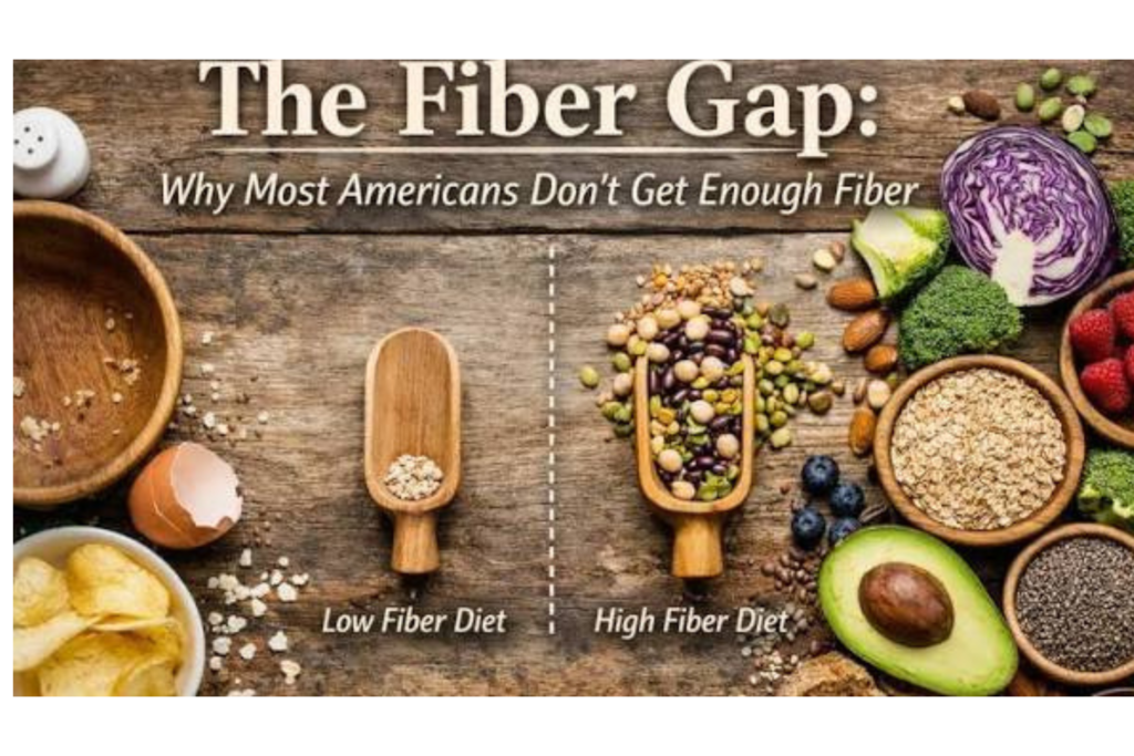 High-fiber foods including lentils, oats, berries, and chickpeas arranged on a table for fiber gap